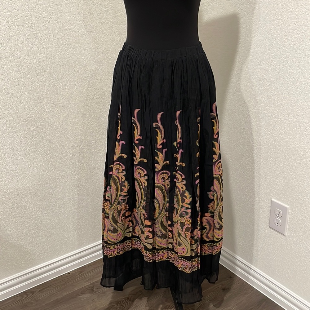 Coldwater Creek Black Shimmer Pleated Maxi Paisley Print Flowy Skirt
